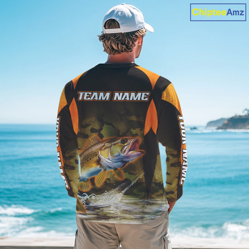 Personalized Walleye Long Sleeve Fishing Shirts Orange Camouflage, Walleye Fishing Shirts NBT395