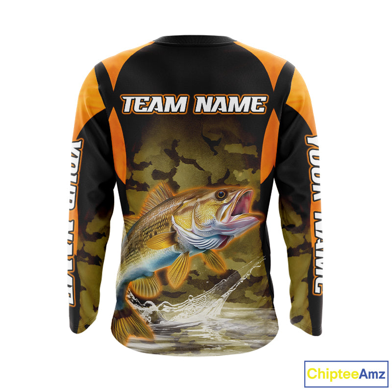 Personalized Walleye Long Sleeve Fishing Shirts Orange Camouflage, Walleye Fishing Shirts NBT395