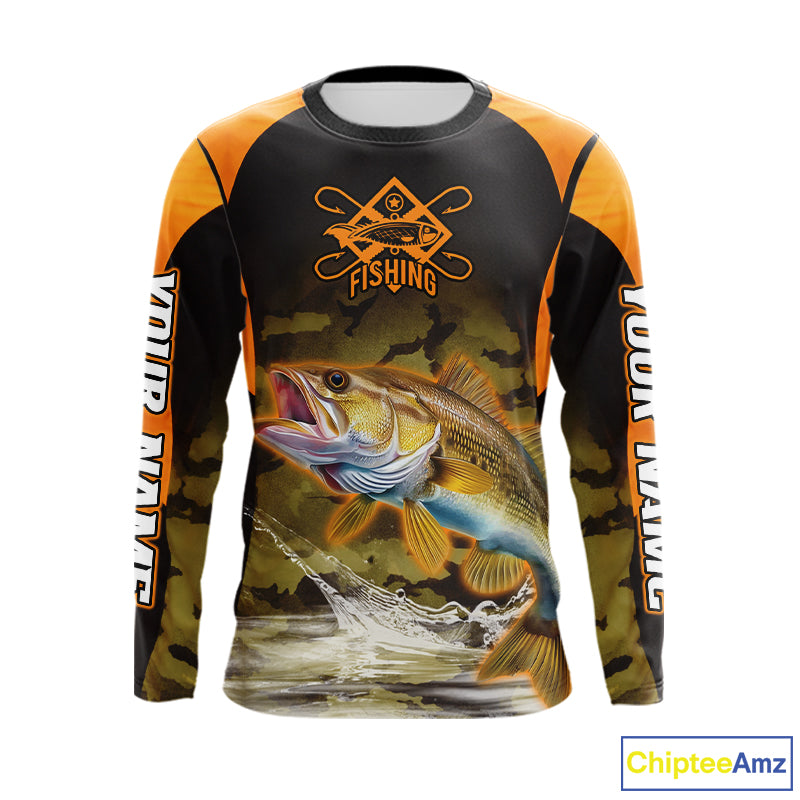 Personalized Walleye Long Sleeve Fishing Shirts Orange Camouflage, Walleye Fishing Shirts NBT395