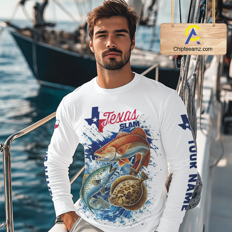 Texas Slam Fishing Redfish, Trout, Flounder Fishing Shirts Long Sleeve, Texas Flag Fishing Jerseys NBT445