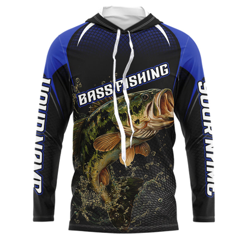 Largemouth Bass Fishing Hood UV Protection Blue Custom Name Shirts, Bass Fishing Team Jerseys  NBT357