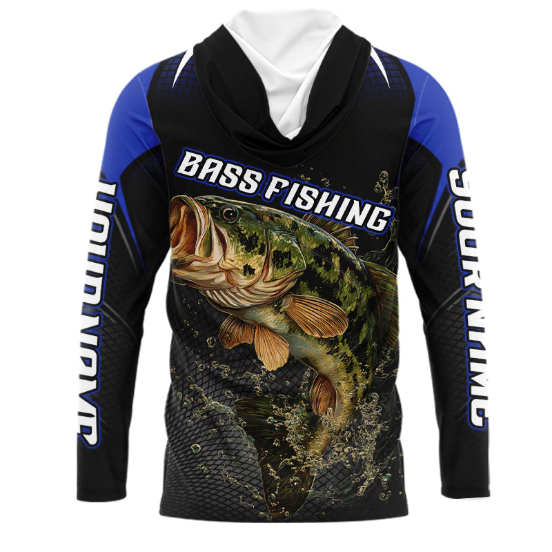 Largemouth Bass Fishing Hood UV Protection Blue Custom Name Shirts, Bass Fishing Team Jerseys  NBT357