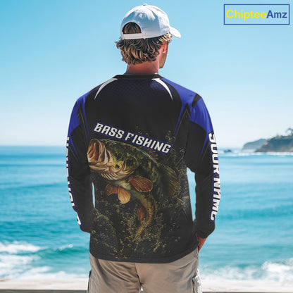 Custom Largemouth Bass Fishing Blue Custom Name Long Sleeve Jerseys, Bass Fishing Tournament Shirts NBT357