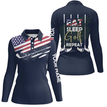 Load image into Gallery viewer, Eat Sleep Golf Repeat American Flag Womens Golf Polo Shirt Custom Navy Golf Shirts For Women LDT0024