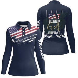 Eat Sleep Golf Repeat American Flag Womens Golf Polo Shirt Custom Navy Golf Shirts For Women LDT0024