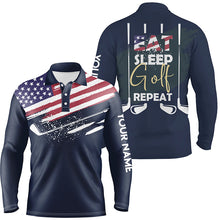 Load image into Gallery viewer, Eat Sleep Golf Repeat American Flag Mens Golf Polo Shirt, Custom Name Navy Golf Shirts For Men LDT0024