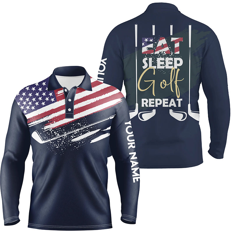 Eat Sleep Golf Repeat American Flag Mens Golf Polo Shirt, Custom Name Navy Golf Shirts For Men LDT0024