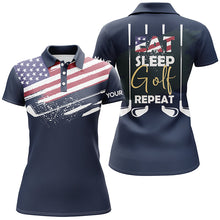 Load image into Gallery viewer, Eat Sleep Golf Repeat American Flag Womens Golf Polo Shirt Custom Navy Golf Shirts For Women LDT0024