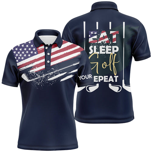 Eat Sleep Golf Repeat American Flag Mens Golf Polo Shirt, Custom Name Navy Golf Shirts For Men LDT0024