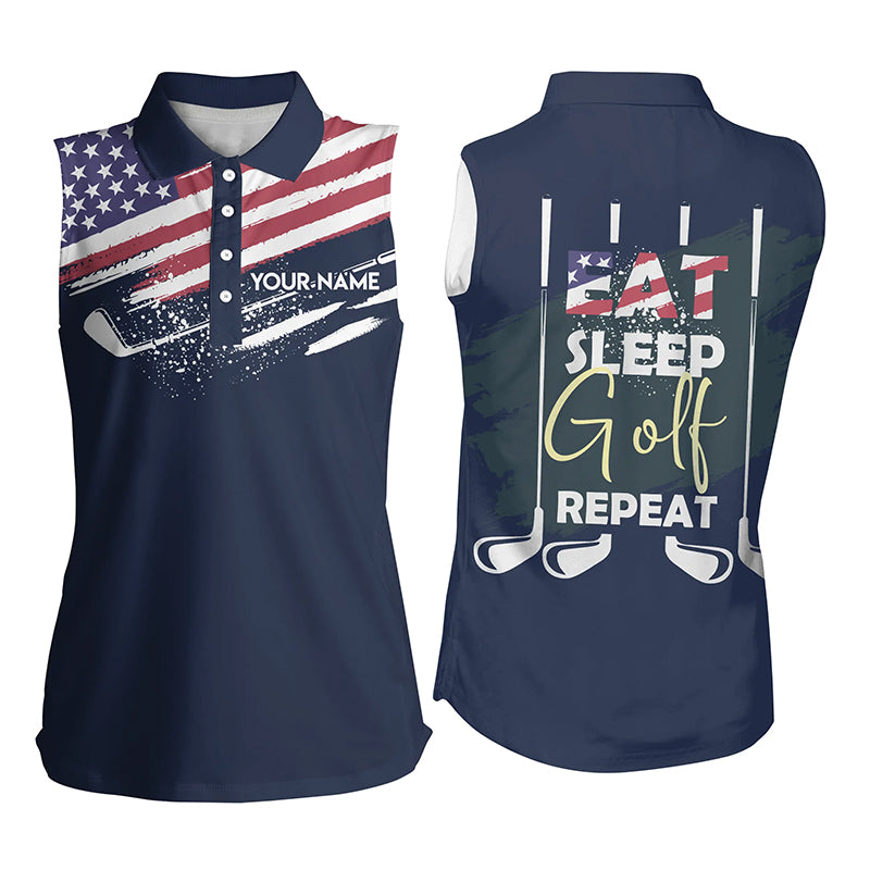 Eat Sleep Golf Repeat American Flag Womens Sleeveless Polo Shirt, Custom Name Golf Shirts For Women LDT0024