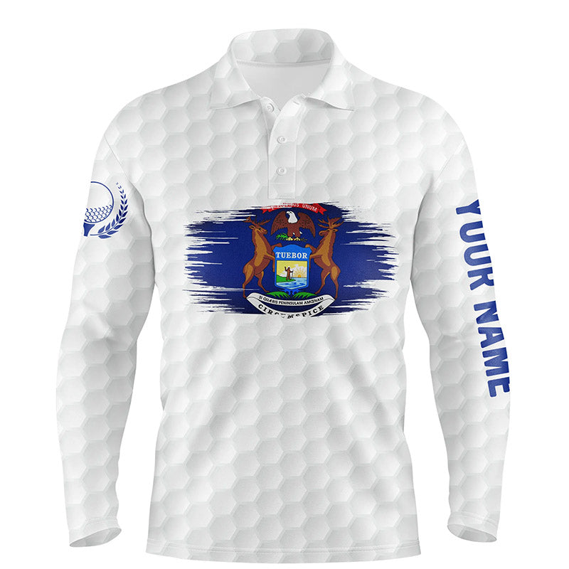 Michigan Flag White Golf Ball Pattern Mens Polo Shirt Custom Patriotic Golf Shirts For Men LDT0499