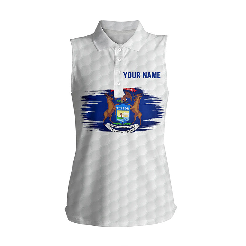 Michigan Flag White Golf Ball Pattern Womens Sleeveless Polo Shirt Custom Patriotic Women Golf Shirts LDT0499