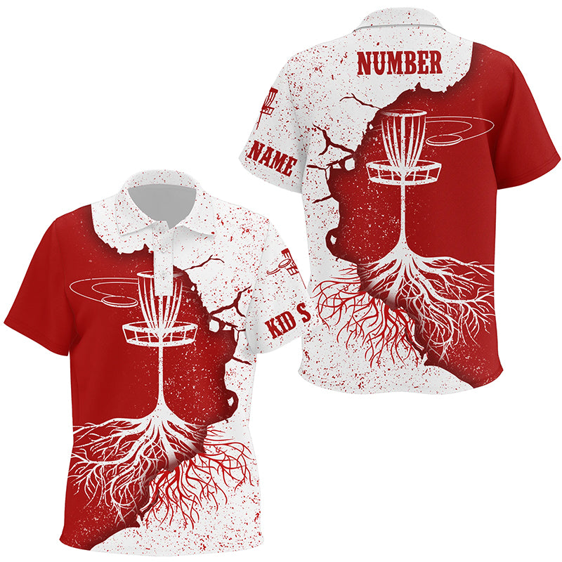 Kids Disc Golf Polos Red White Grunge Custom Disc Golf Shirts For Kid Personalized Disc Golf Basket LDT1032