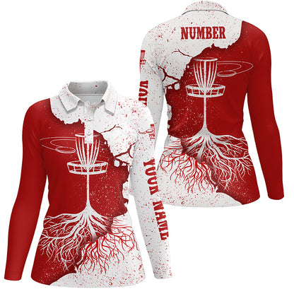 Womens Disc Golf Polo Shirt Red White Grunge Custom Disc Golf Tops For Women Disc Golf Basket LDT1032