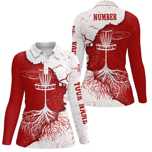 Womens Disc Golf Polo Shirt Red White Grunge Custom Disc Golf Tops For Women Disc Golf Basket LDT1032