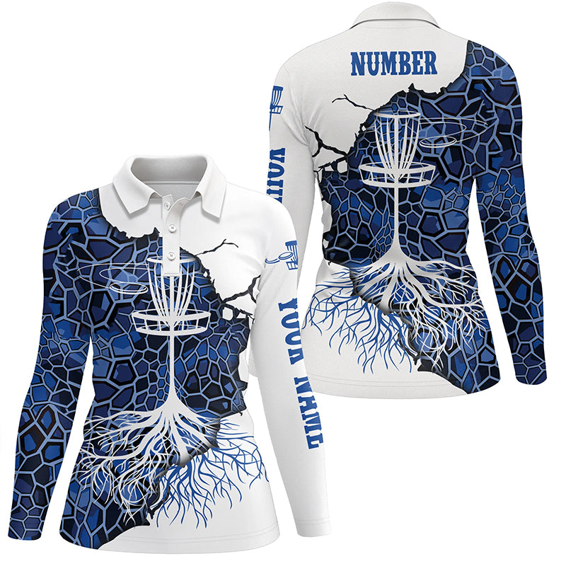 Blue Camo Womens Disc Golf Polo Shirt Geometric Custom Disc Golf Tops For Women Golf Gifts LDT1034