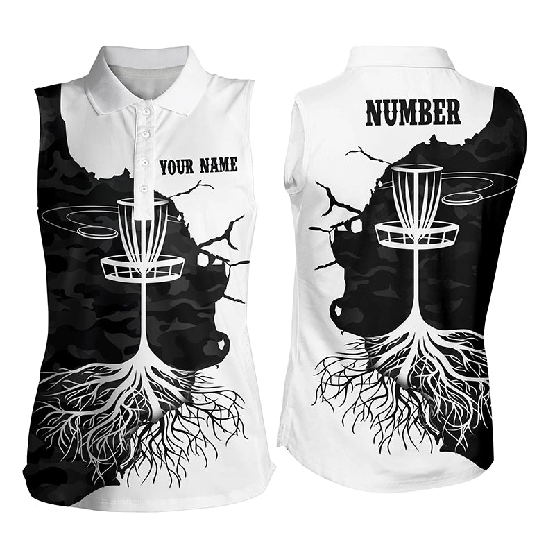 Black Camo Womens Disc Golf Sleeveless Polo Shirt Custom Black White Women Disc Golf Tops Golf Gifts LDT1035
