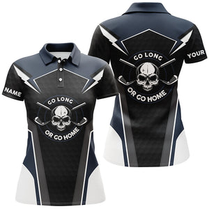 Skull Golf Shirts For Womens, Navy Skull Custom Name Womens Golf Shirt, Golf Polo Shirts For Ladies LDT0040