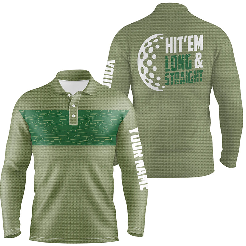 Hit 'Em Long & Straight Golf Course Pattern Polo Shirts Custom Green Golf Shirts For Men LDT0227
