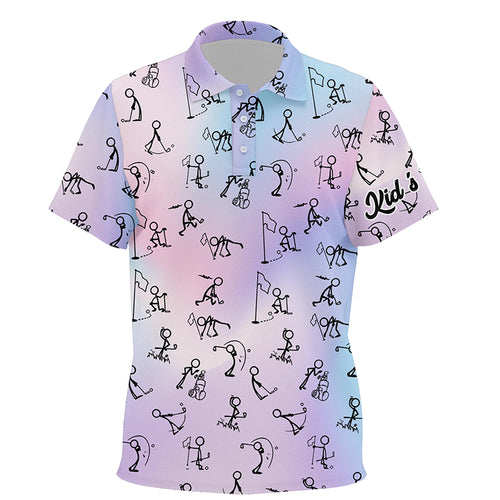 Rainbow Gradient Stick Figures Playing Golf Kids Polo Shirts Custom Golf Tops For Kid Golf Gifts LDT1044
