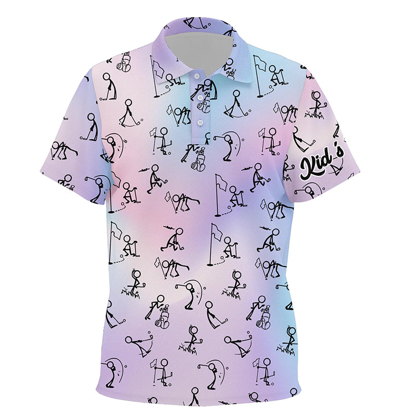 Rainbow Gradient Stick Figures Playing Golf Kids Polo Shirts Custom Golf Tops For Kid Golf Gifts LDT1044