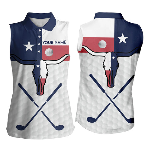 Texas Longhorn Skull Womens Sleeveless Polo Shirt Texas Flag Golf Tops For Women Patriotic Golf Gifts LDT0547