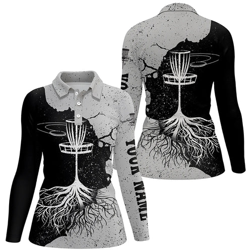 Womens Disc Golf Polo Shirt Custom Name Black & Grey Disc Golf Basket Disc Golf Shirts For Women LDT0060