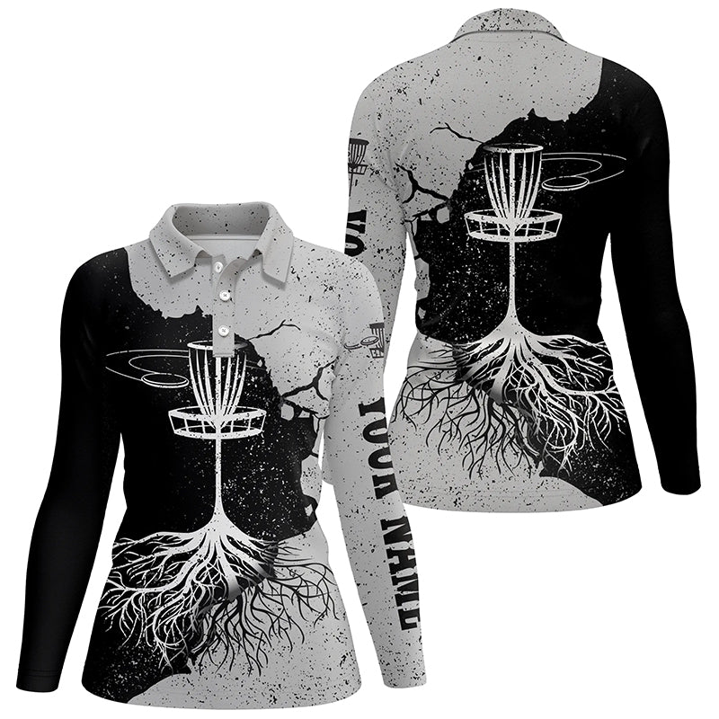 Womens Disc Golf Polo Shirt Custom Name Black & Grey Disc Golf Basket Disc Golf Shirts For Women LDT0060