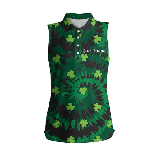 Tie Dye Womens Sleeveless Golf Polo Shirt Green Clover St Patrick Day Custom Golf Shirts Golfer Gifts LDT1254