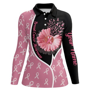 Flower Breast Cancer Awareness Black & Pink Custom Golf Shirt For Women Pink Ribbon Golf Tops LDT0259