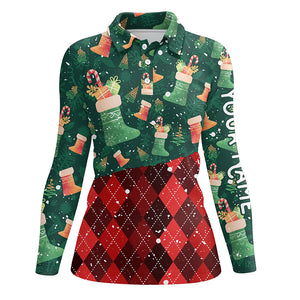 Christmas Socks Green Red Argyle Pattern Golf Polos Winter Golf Shirts For Women Golf Gifts LDT0579