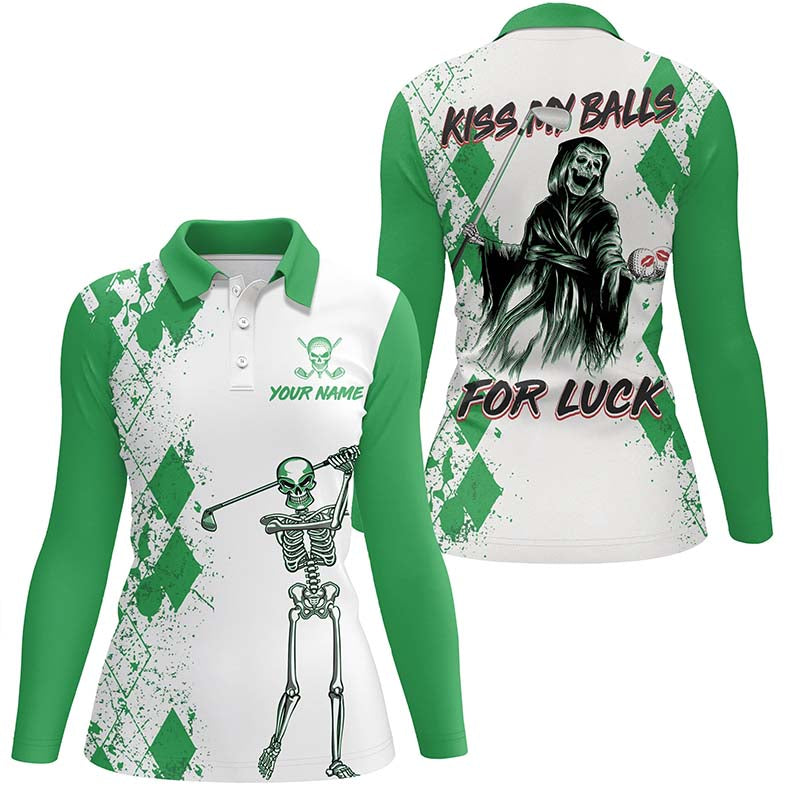 Kiss My Balls Golf Polo Shirts Skeleton Green Argyle Scary Halloween Golf Shirts For Women  LDT0324
