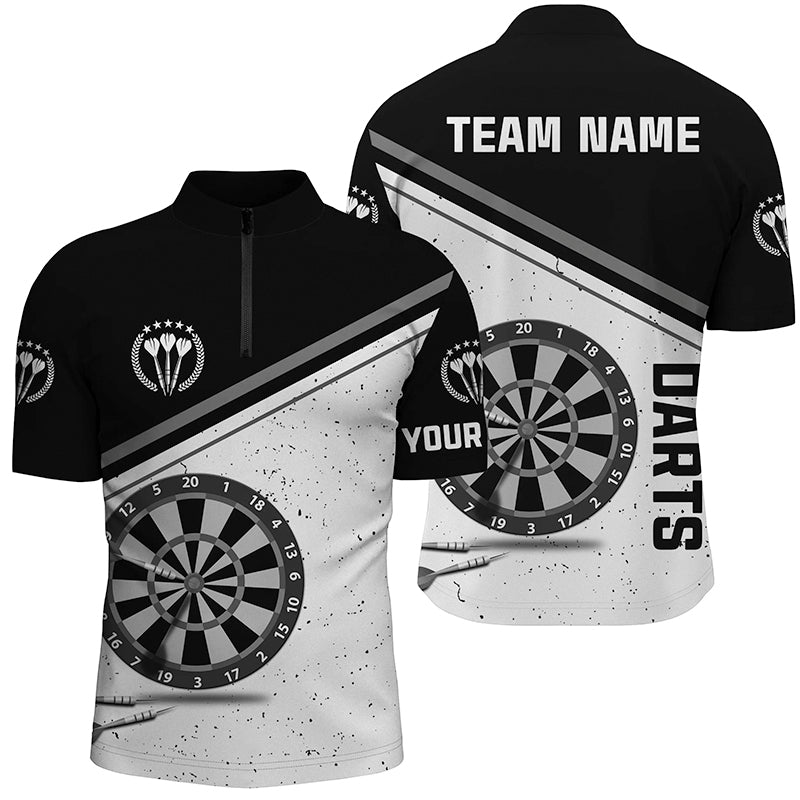 Black White Grunge Darts Quarter Zip Shirt With Name Custom Men Darts Shirts Dart Jersey LDT0626