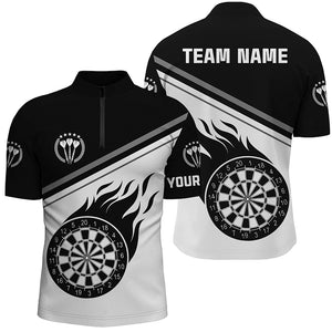 Black White Flame Darts Quarter-Zip Shirt With Name Custom Darts Shirt For Men Dart Jersey LDT0627