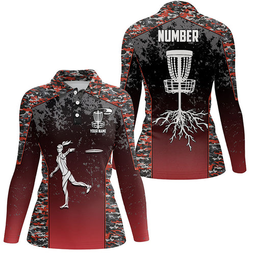 Red Camo Womens Disc Golf Polo Shirts, Custom Camouflage Golf Shirts For Women, Disc Golf Gifts LDT0091