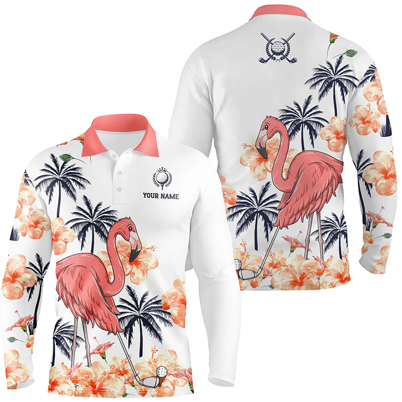 Mens Pink Tropical Golf Polo Shirts, Personalized Flamingo Golf Shirts For Men, Golf Gifts LDT0098
