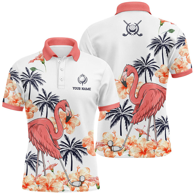 Mens Pink Tropical Golf Polo Shirts, Personalized Flamingo Golf Shirts For Men, Golf Gifts LDT0098