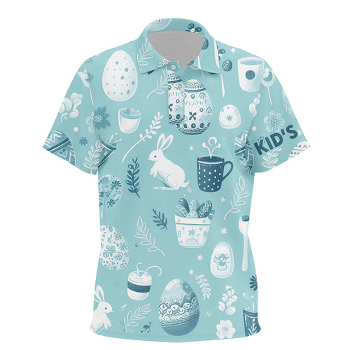 Blue Funny Easter Eggs & Bunnies Kids Golf Polo Shirt Custom Easter Day Golf Tops For Kid Golf Gifts LDT1334