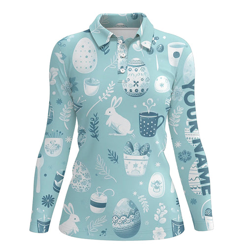 Blue Funny Easter Eggs & Bunnies Womens Golf Polo Shirt Custom Easter Day Golf Tops For Women LDT1334