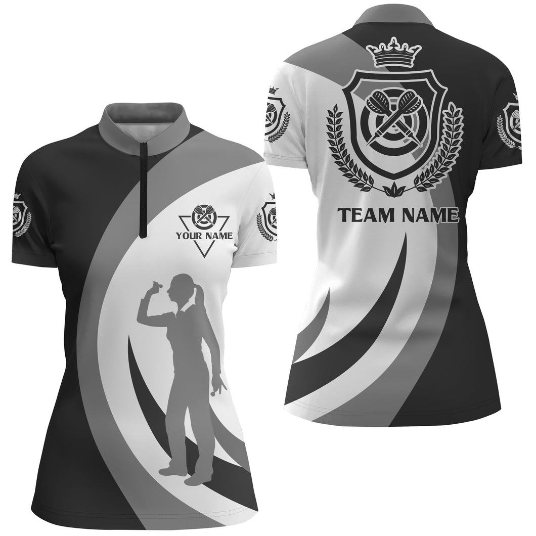 Personalized Black Grey Crown Emblem Custom Darts Quarter Zip Shirt Cool Women Dart Jersey LDT0365