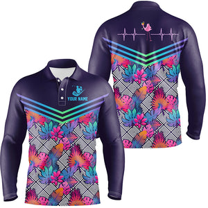 Heart Beat Flamingo Multicolor Tropical Mens Golf Polo Shirts Custom Golf Shirts For Men LDT0673