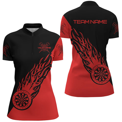 Personalized Red Black Flame Darts Quarter Zip Shirt Custom Women Darts Shirt Dart Jersey LDT0697