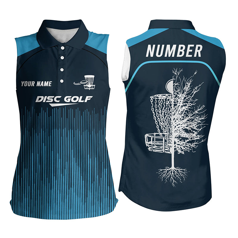 Sporty Light Dark Blue Design Sleeveless Disc Golf Polo Shirts Custom Cool Disc Golf Shirts For Women LDT0403