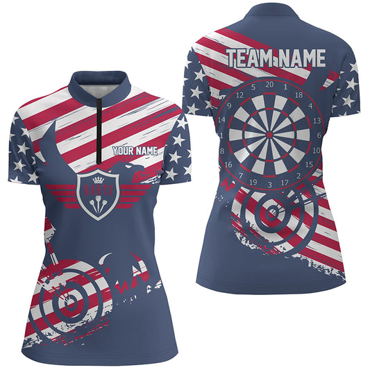 Personalized American Flag Red Blue Darts Quarter Zip Shirt Patriotic Womens Darts Jersey LDT0409