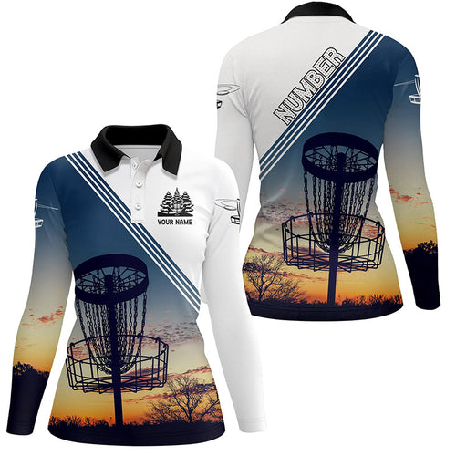 Sunset Personalized Disc Golf Polo Shirt Custom Disc Golf Shirts For Women Disc Golf Basket LDT0947