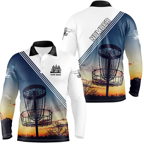 Sunset Personalized Disc Golf Mens Polo Shirt Custom Disc Golf Shirts For Men Disc Golf Basket LDT0947