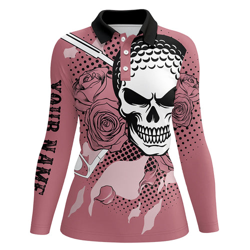 Personalized Pink Skull Womens Golf Polo Shirts Rose Golf Shirts For Women, Cool Golf Gifts LDT0156