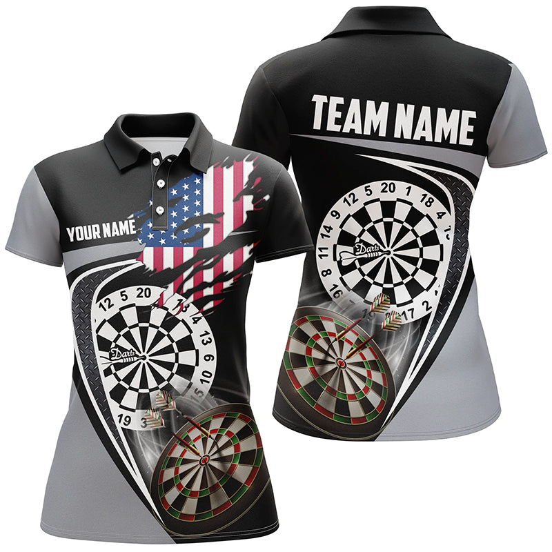 Black Grey American Flag Womens Darts Polo Shirt Custom Patriotic Dart Jerseys For Women LDT1385