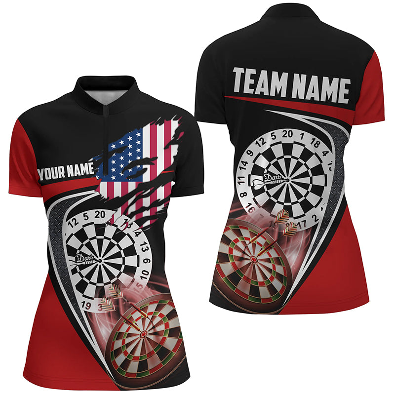 Black Red American Flag Darts Quarter Zip Shirt Custom Patriotic Dart Jerseys For Women LDT1386