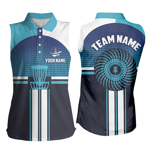 Customized Blue White Disc Golf Womens Sleeveless Polo Shirt Cool Disc Golf Shirt For Women Golf Gift LDT0747